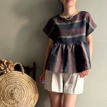 北非情緣/黑巧克力配色寬條紋義大利製亞麻短袖/蝙蝠袖荷葉上衣