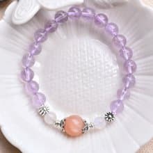 透體薰衣草紫水晶+月光石+橘太陽石純銀手鍊