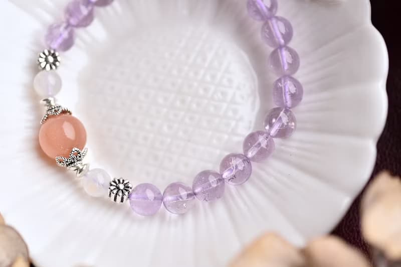 透體薰衣草紫水晶+月光石+橘太陽石純銀手鍊