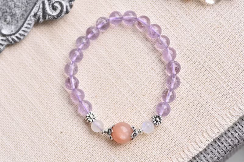 透體薰衣草紫水晶+月光石+橘太陽石純銀手鍊