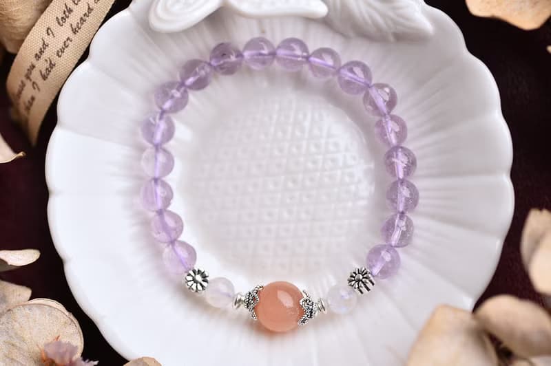 透體薰衣草紫水晶+月光石+橘太陽石純銀手鍊