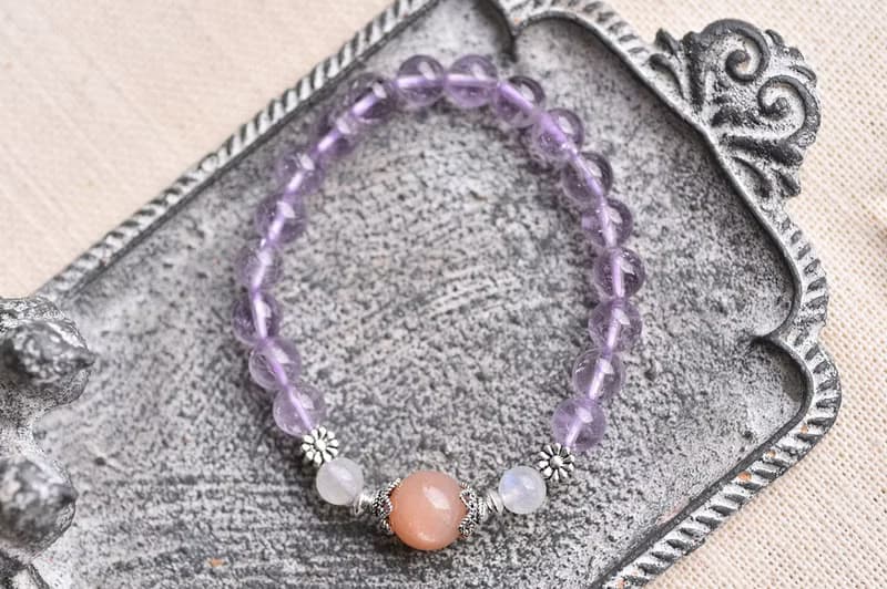 透體薰衣草紫水晶+月光石+橘太陽石純銀手鍊