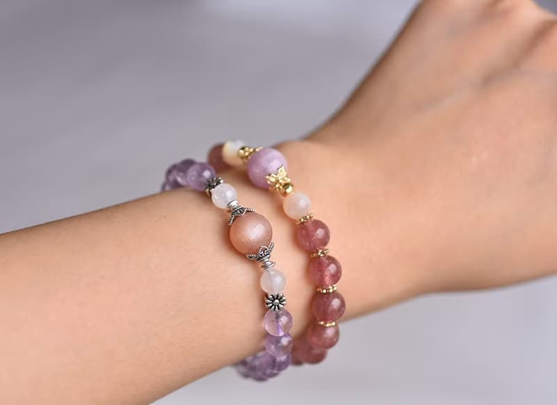 透體薰衣草紫水晶+月光石+橘太陽石純銀手鍊