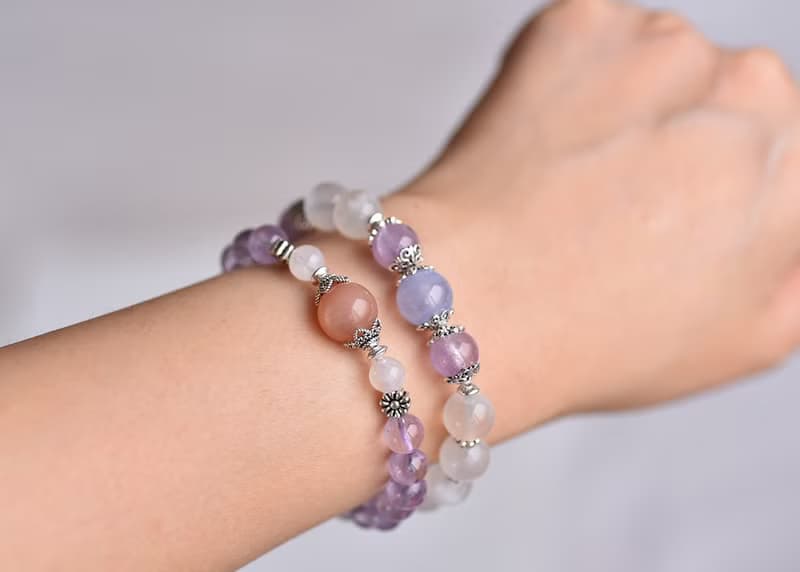 透體薰衣草紫水晶+月光石+橘太陽石純銀手鍊