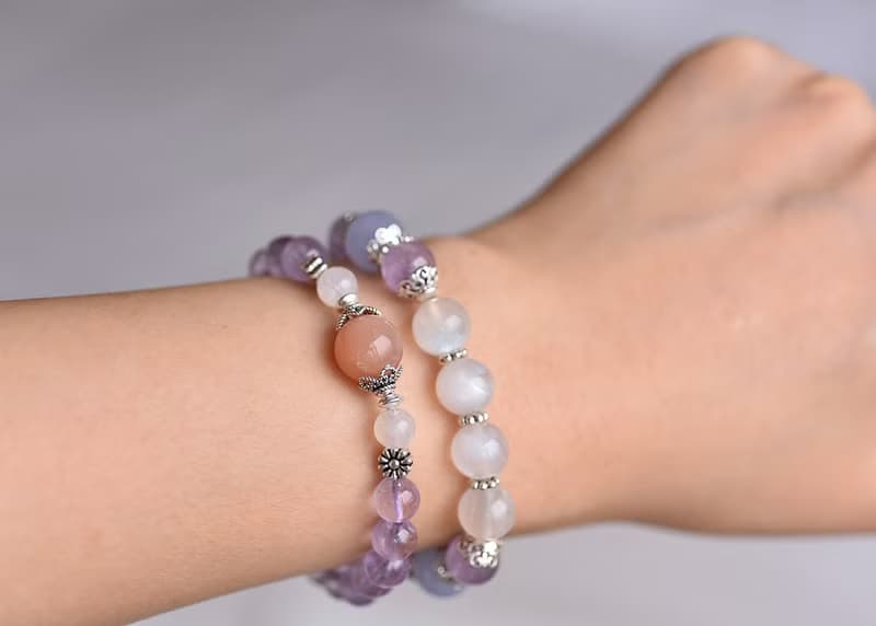 透體薰衣草紫水晶+月光石+橘太陽石純銀手鍊