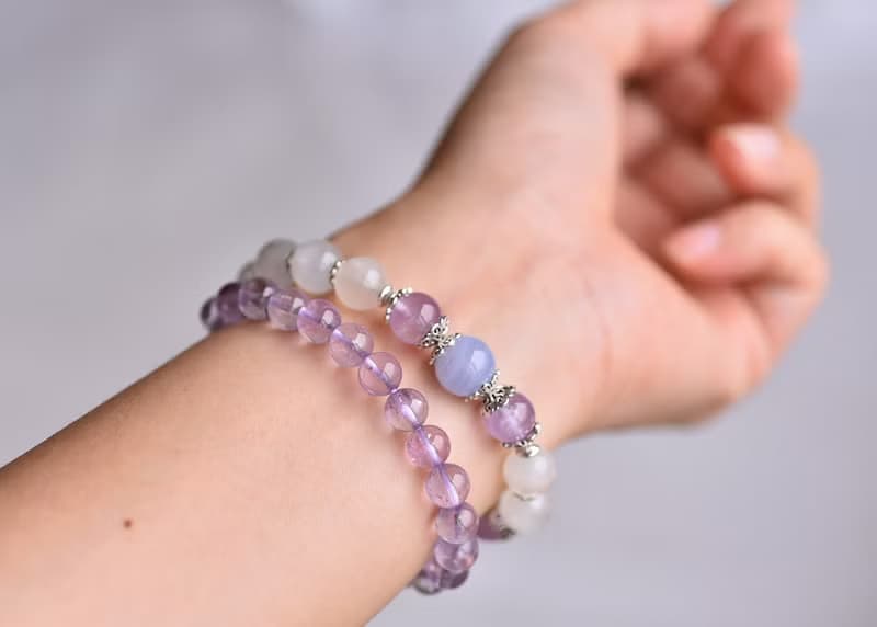 透體薰衣草紫水晶+月光石+橘太陽石純銀手鍊