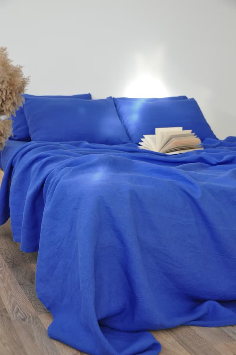 Royal blue linen sheet set / Flat+fitted sheet+2 pillowcases / Blue bedding
