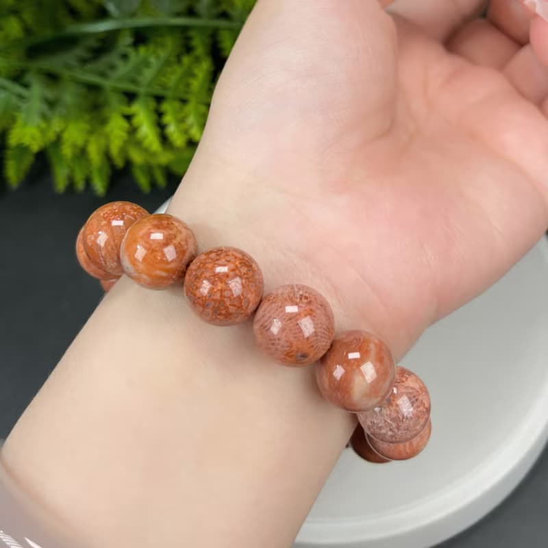 精品天然珊瑚玉手串冰潤高瓷橘粉贊比大花鳳尾紋單圈男女14.5mm