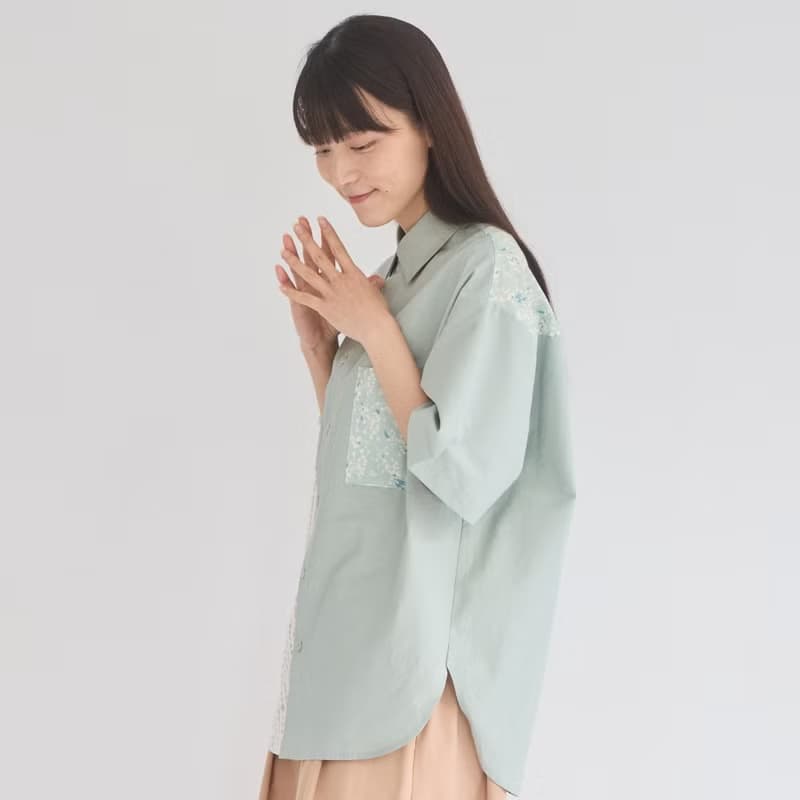 短袖拼接襯衫/飛櫻/微風綠/花束