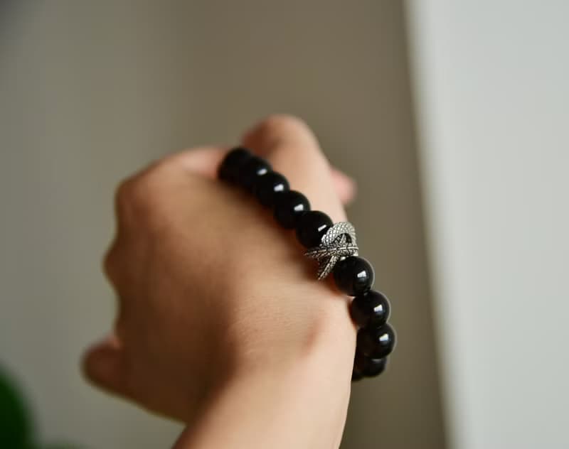 【黑曜石】天然黑曜石烏金純黑純銀盤龍簡約男女款手串