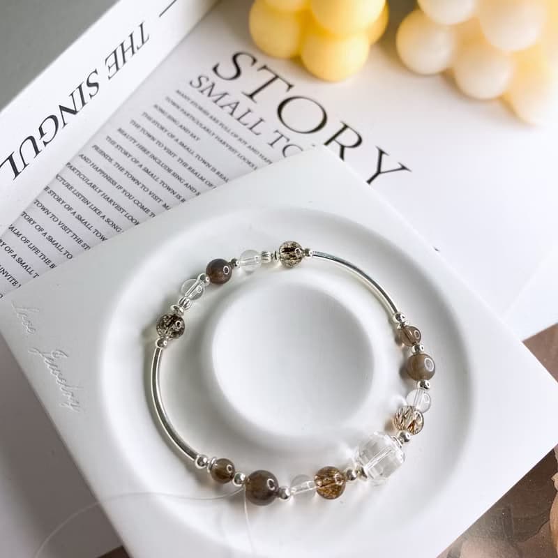 沉暮 黑金超七 黑金骨幹太陽石  茶晶 水晶礦石彈性925純銀手環