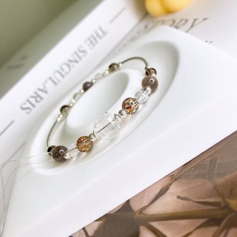 沉暮 黑金超七 黑金骨幹太陽石  茶晶 水晶礦石彈性925純銀手環