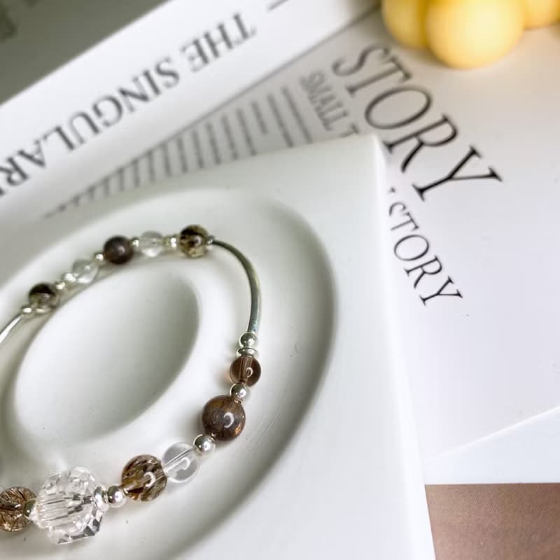 沉暮 黑金超七 黑金骨幹太陽石  茶晶 水晶礦石彈性925純銀手環