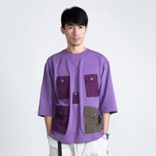 (絕版特惠)SUPIMA匹馬棉紫色戶外感立體多口袋寬松拼接七分袖T恤