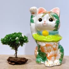 【福丹綻華】日本清水燒招財貓 | 色繪 - 白地 牡丹