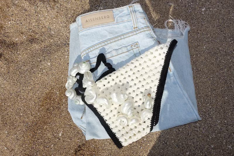 Crochet Headscarf White Black Trim -Triangle Kerchief knitted - Summer Bandana