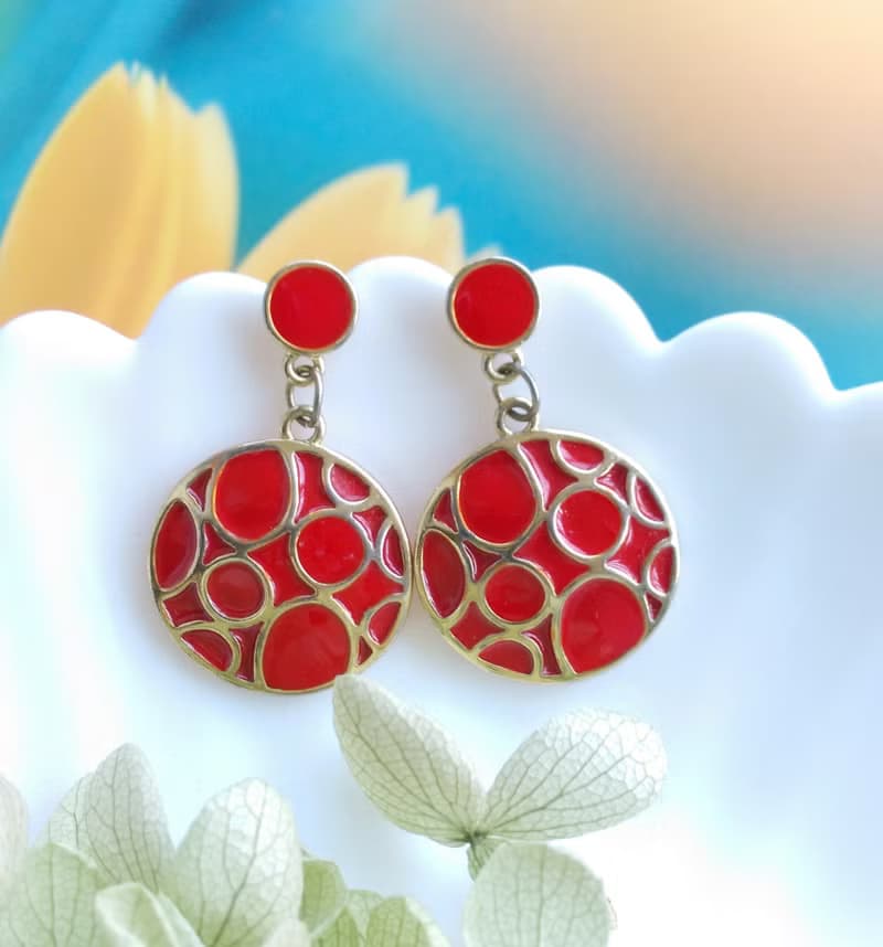 Vintage Jewelry 西洋古董飾品 復古 簡約 紅圈 垂墜 針式耳環
