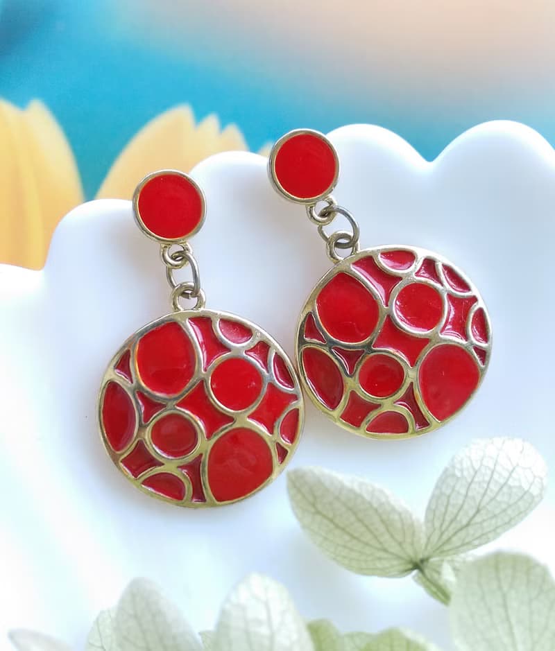 Vintage Jewelry 西洋古董飾品 復古 簡約 紅圈 垂墜 針式耳環