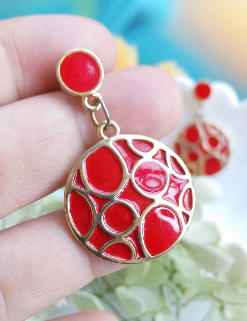 Vintage Jewelry 西洋古董飾品 復古 簡約 紅圈 垂墜 針式耳環