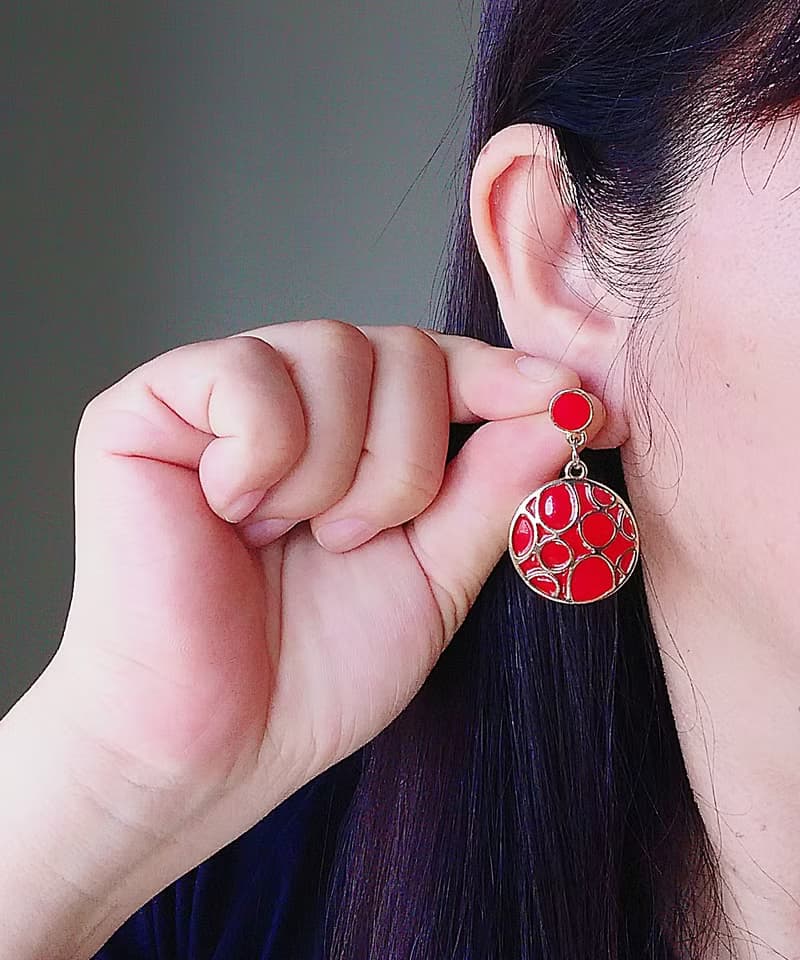 Vintage Jewelry 西洋古董飾品 復古 簡約 紅圈 垂墜 針式耳環