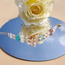 蓮花空行。櫻花瑪瑙 海水藍寶 天河石 14K包金 水晶礦石設計手鍊