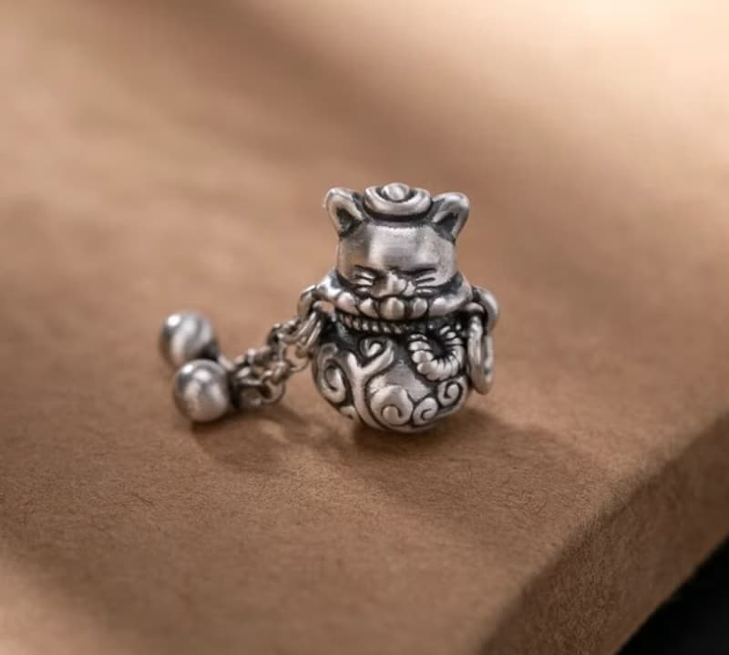 Thai Silver Handmade Lucky Cat Pendants for Women 925 Silver Balls Tassels
