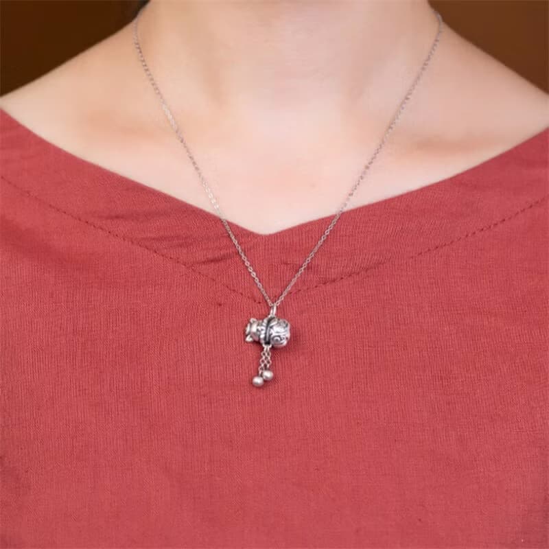 Thai Silver Handmade Lucky Cat Pendants for Women 925 Silver Balls Tassels