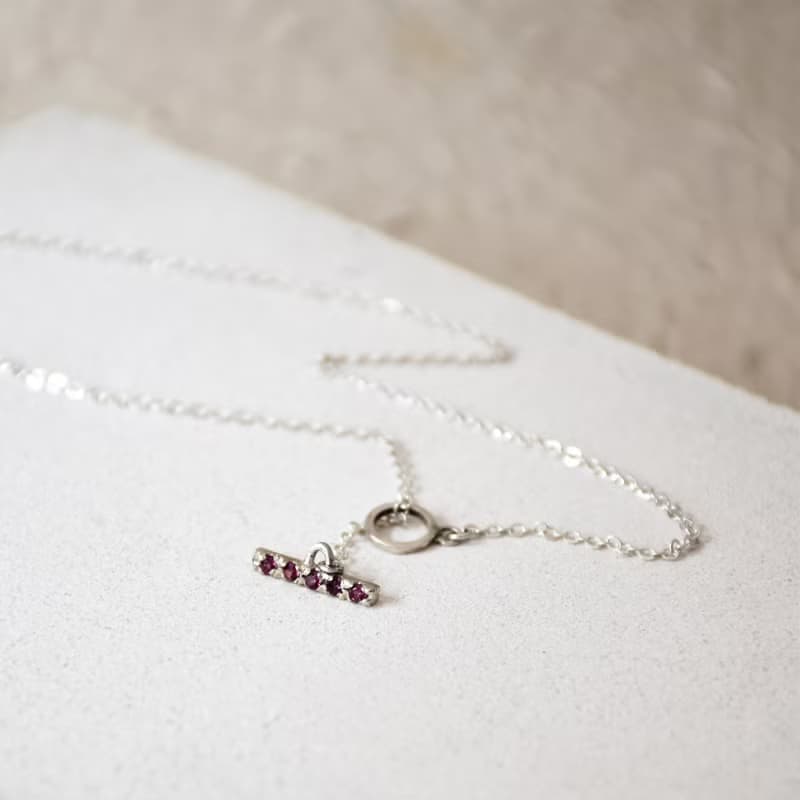 簡約玫瑰色石榴石925銀自由長度項鍊 // 鎖骨項鍊 //一月份生日石