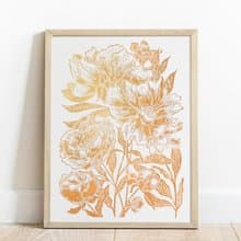 Gold peony flowers wall art Linocut print Housewarming gift Botanical artwork