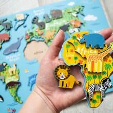 World map puzzle for kids with animals, Wooden puzzle, Montessori learning toys