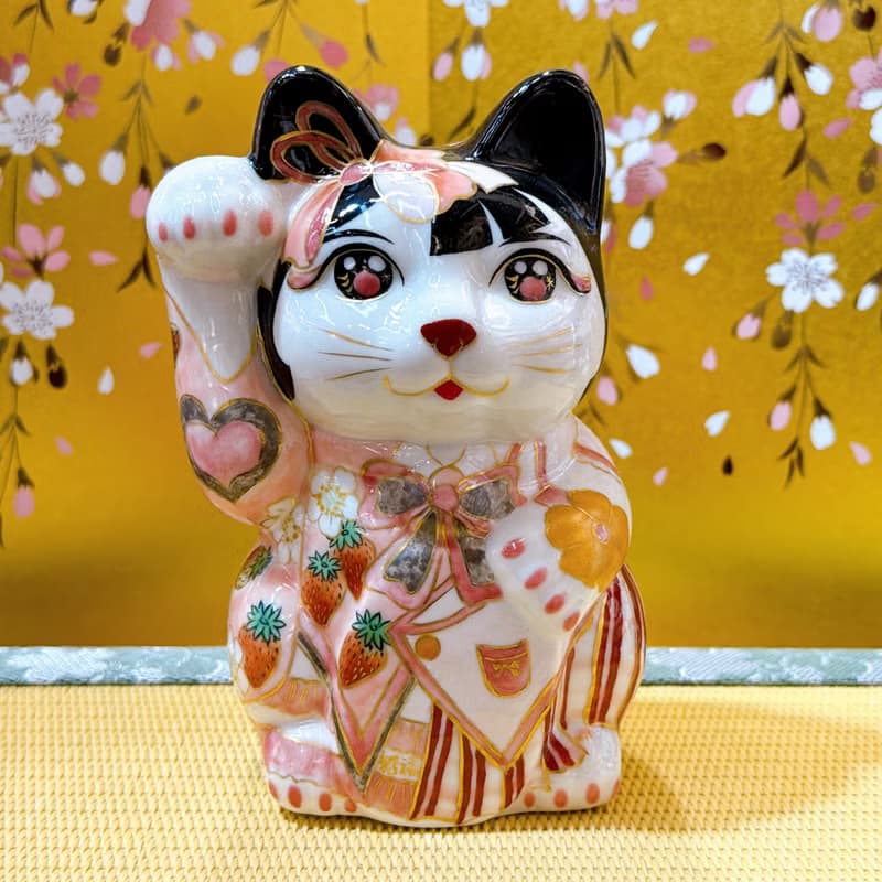 【莓舞甜心】日本清水燒招財貓 - 黑地紅葉