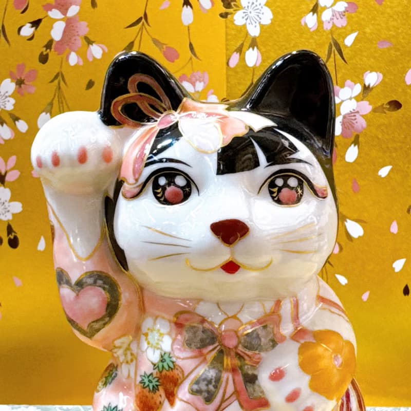 【莓舞甜心】日本清水燒招財貓 - 黑地紅葉