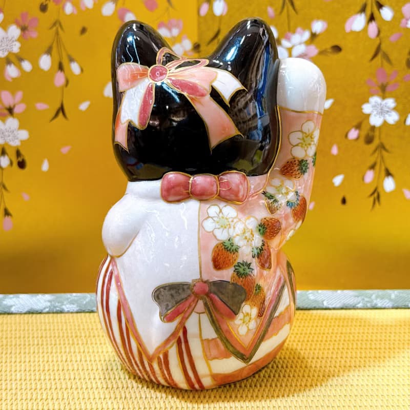 【莓舞甜心】日本清水燒招財貓 - 黑地紅葉