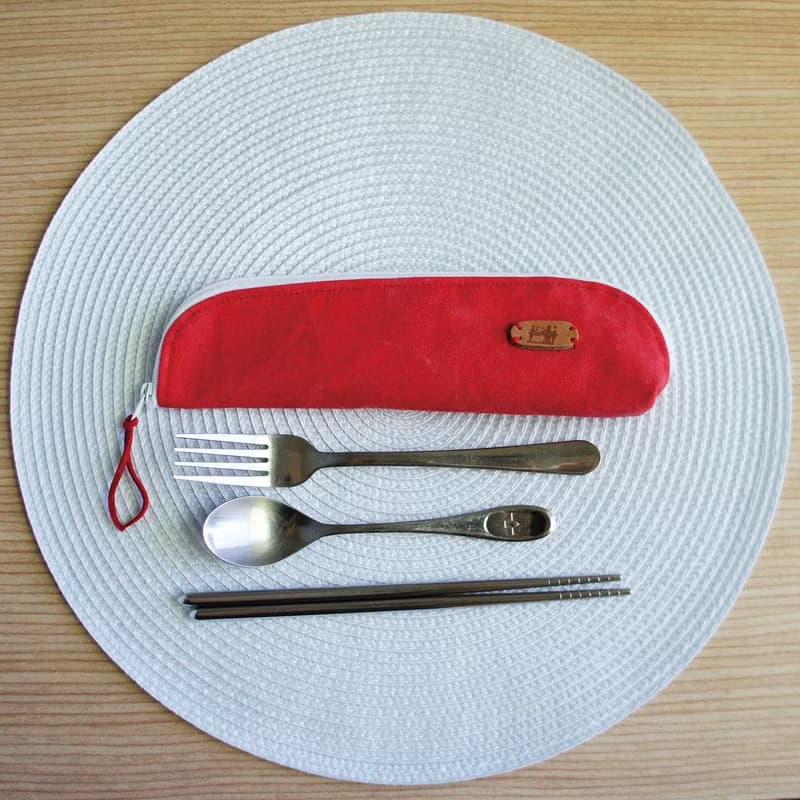 Lovely石洗丹寧牛仔簡約餐具袋、筆袋、石洗帆布紅