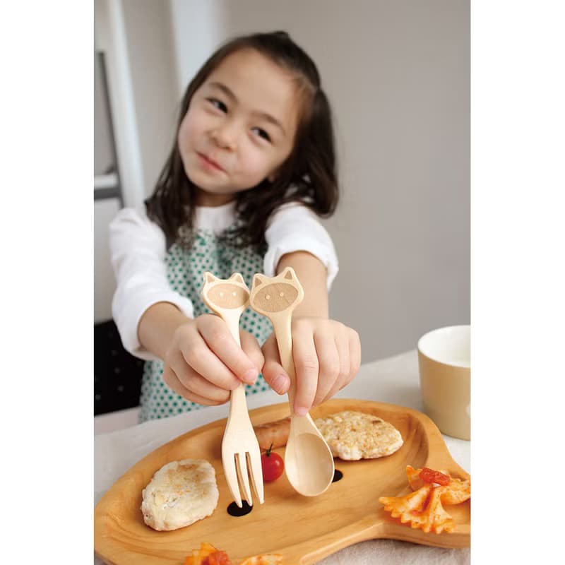 【SPICE】日本 PETIT'S MAMAN 兒童 天然木頭叉子&湯匙套組-貓咪