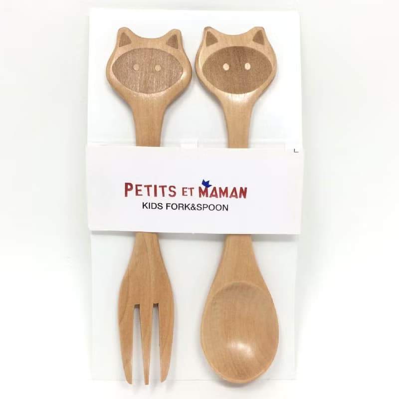【SPICE】日本 PETIT'S MAMAN 兒童 天然木頭叉子&湯匙套組-貓咪