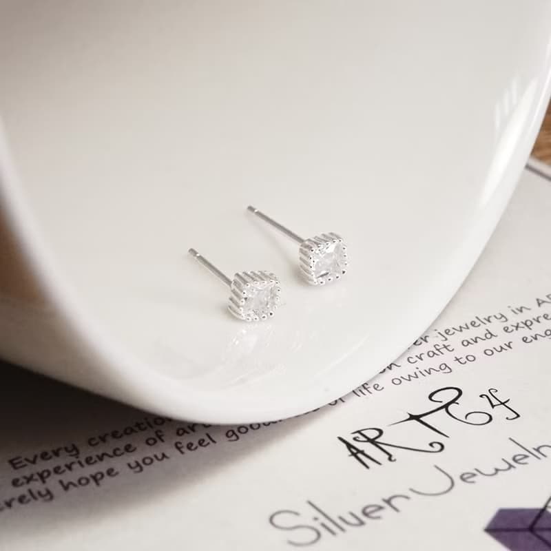 點點冰晶 方形小鑽 925純銀 針式耳環