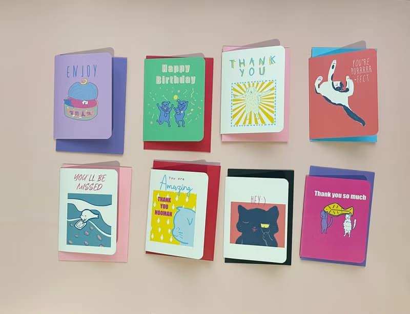 Set of 8 Mini Greeting Cards Pack.  Funny Cute Pets &Animals