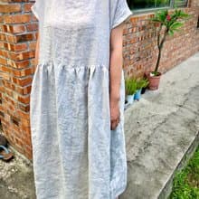 進口夏砂亞麻短袖口袋拼接長洋裝