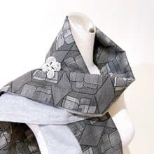 純手作灰色調日本古董傳統織布拼接羊毛黑膽石圍巾披肩