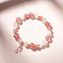 草莓晶粉晶紅紋石月光石14K包金水晶手鍊  招桃花手鍊