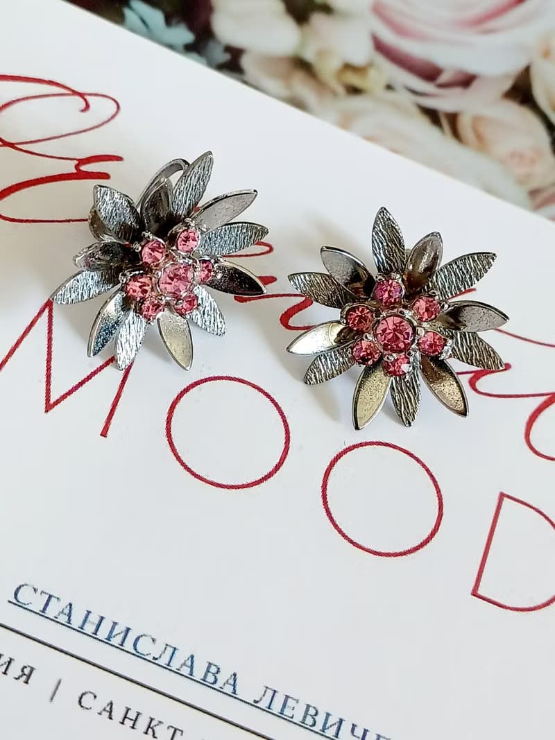 vintage jewelry  古董立體萊茵小花夾式耳環