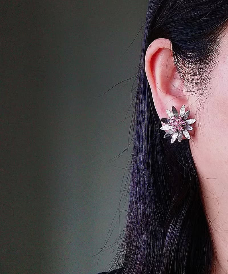 vintage jewelry  古董立體萊茵小花夾式耳環
