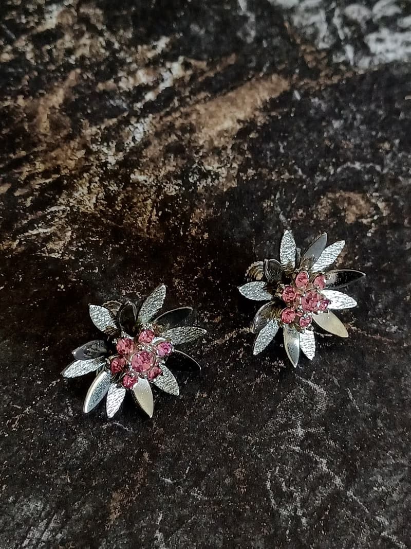 vintage jewelry  古董立體萊茵小花夾式耳環
