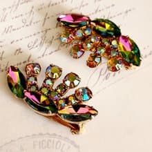 vintage jewelry  絢麗扇形七彩萊茵 夾式耳環