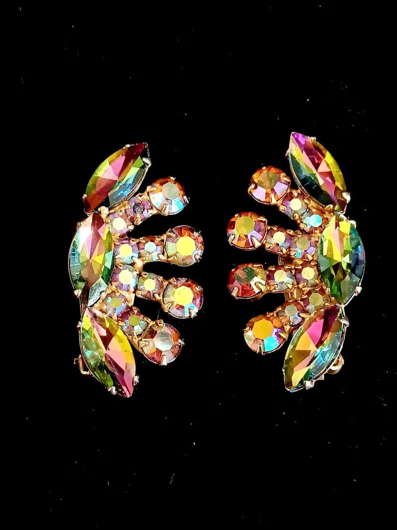 vintage jewelry  絢麗扇形七彩萊茵 夾式耳環