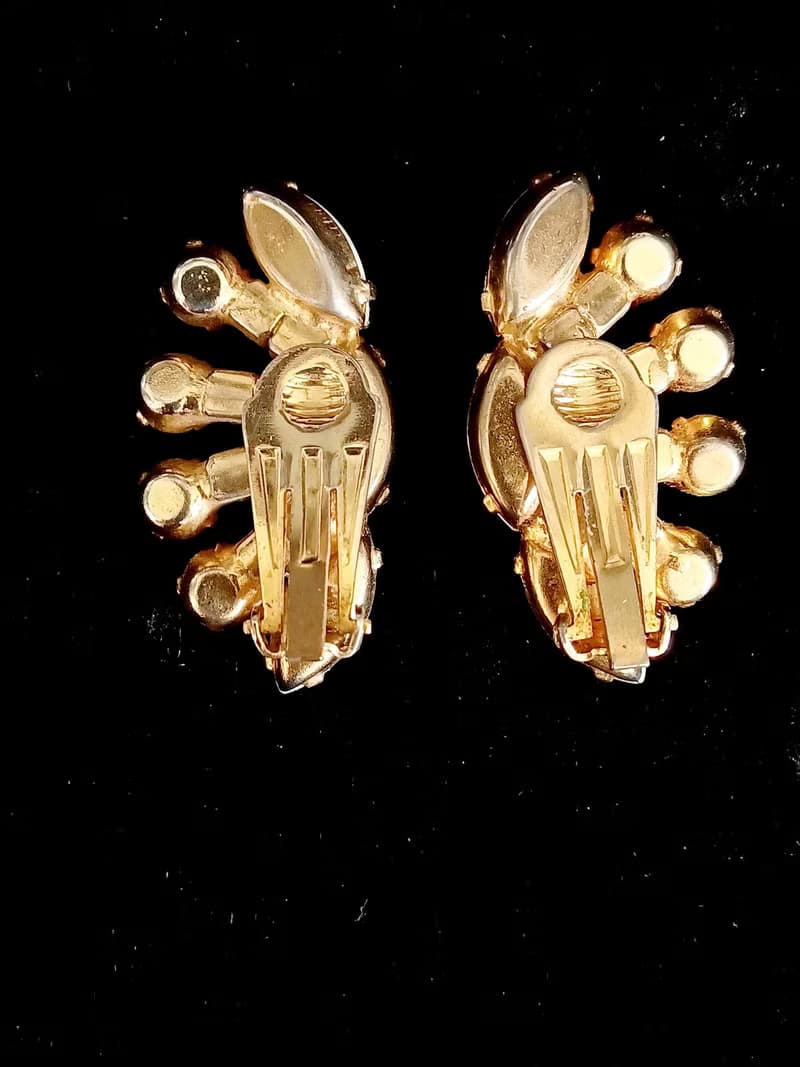 vintage jewelry  絢麗扇形七彩萊茵 夾式耳環