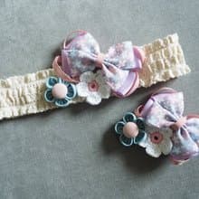手作嬰兒女童粉紫色蝴蝶結小花髮帶+髮夾禮物套裝