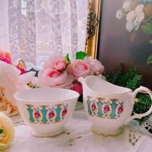 1950年英國骨瓷粉紅玫瑰花束奶壺糖碗庫存品