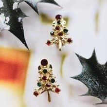 美國西洋古董飾品/ 經典聖誕紅綠萊茵小樹夾式耳環/古著首飾